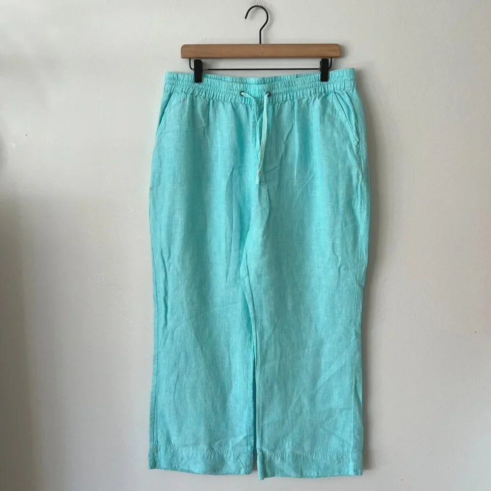 Foxcroft Aqua Blue Linen Wide Leg Pants Women's Size Large